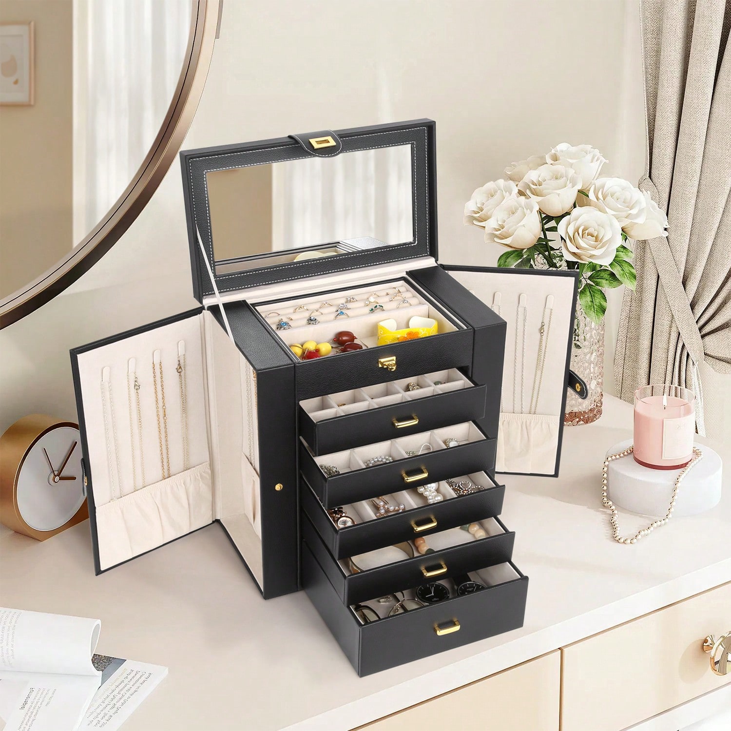 Drawer Organizer Bamboo - 6단 PU 가죽 보석함(거울&잠금장치 포함), 5단