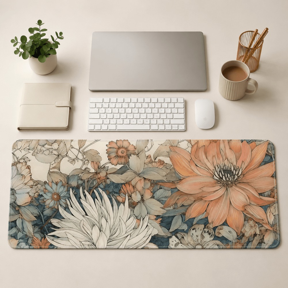 Desk Setup With Plants - 복고풍 꽃무늬 테이블 매트, 식물과 꽃