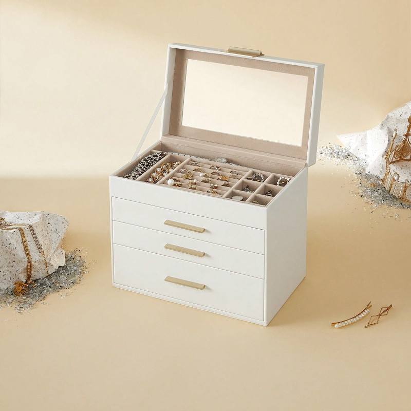 Drawer Organizer Bamboo - 유리 뚜껑과 3개의 서랍이 있는 4단