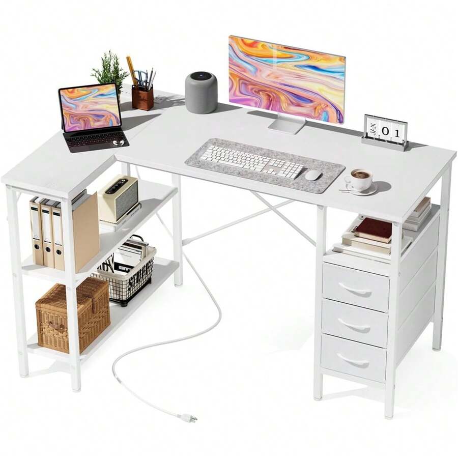 L Shaped Desk Setup - 선반 서랍이 있는 L자형 책상, 전원