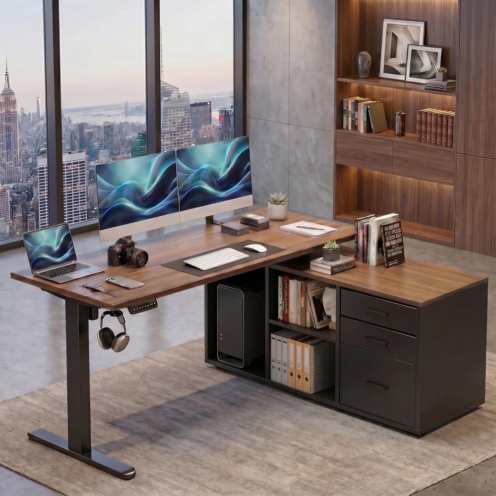 L Shaped Desk Setup - 55인치 L자형 스탠딩 데스크(서랍 포함), 전동식