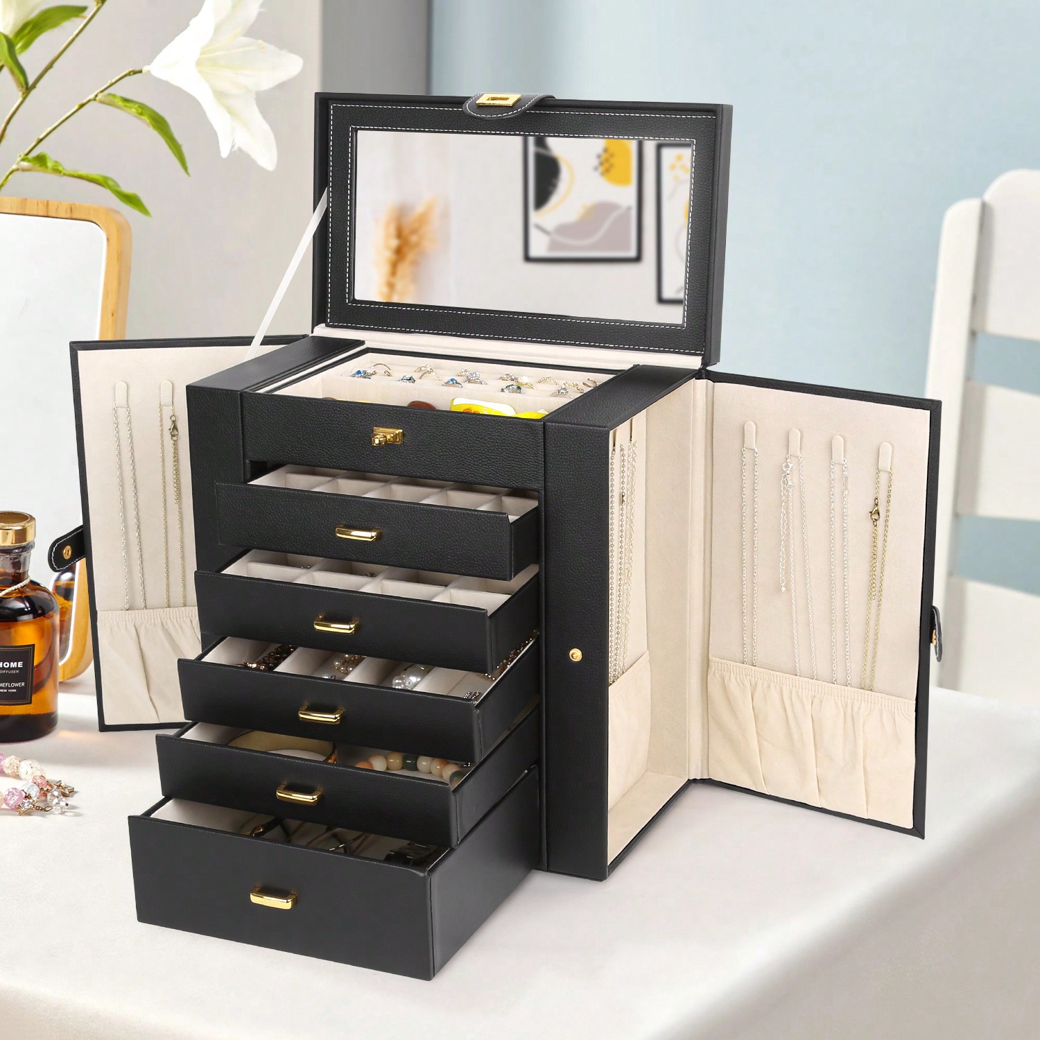 6단 PU 가죽 보석함(거울&잠금장치 포함), 5단 서 - Drawer Organizer Bamboo 리뷰 및 가격