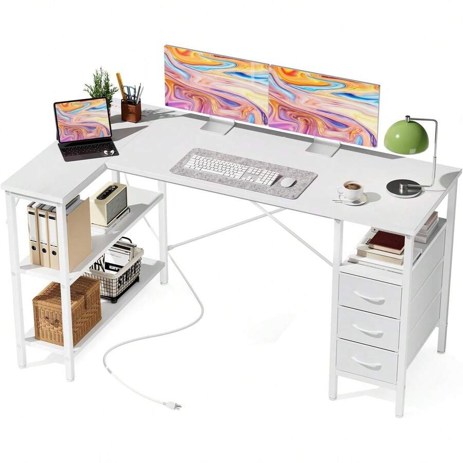 선반 서랍이 있는 L자형 책상, 전원 콘센트가 있는 흰 - L Shaped Desk Setup 리뷰 및 가격