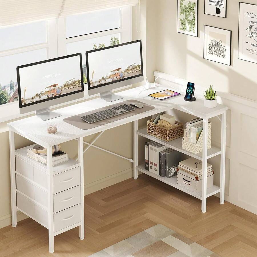 선반 서랍이 있는 L자형 책상, 전원 콘센트가 있는 흰 - L Shaped Desk Setup 리뷰 및 가격